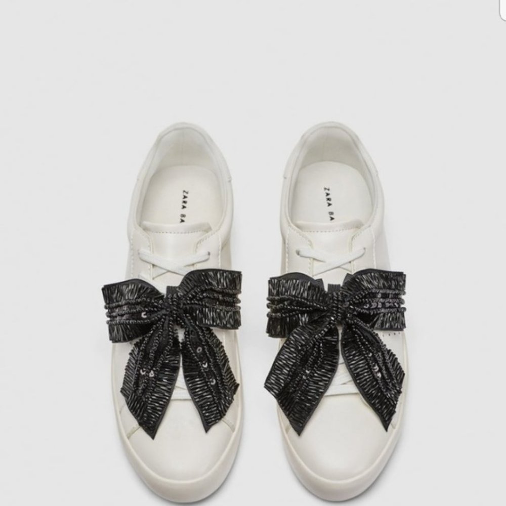 Zara White Sneakers with Sequin Bow